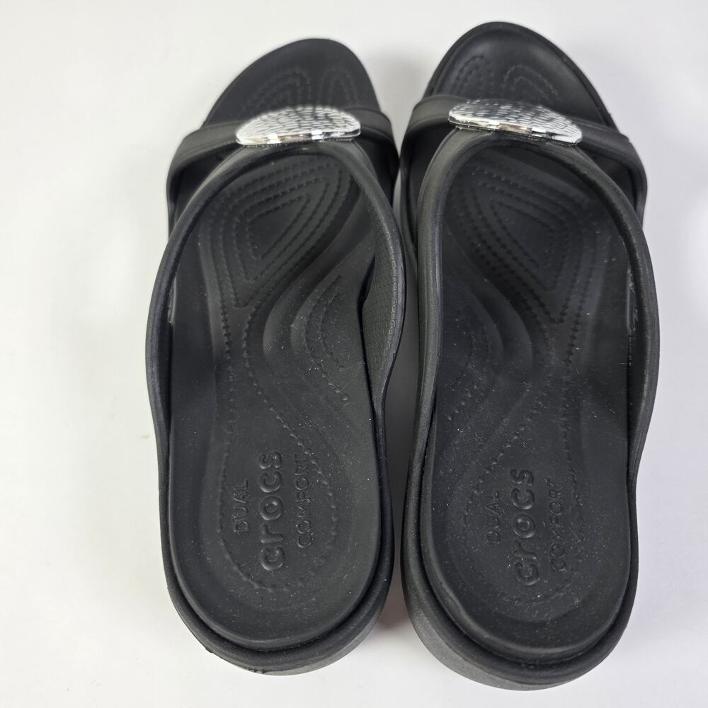 Crocs Sanrah Embellished Wedge Sandals Women's Size 9 Black Comfort Slides - Picture 5 of 11